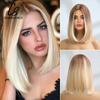 Short Straight Bob Synthetic Wigs with Bangs for Women Brown To Blonde Wig Cosplay Party Daily Heat Resistant Fiber Hair