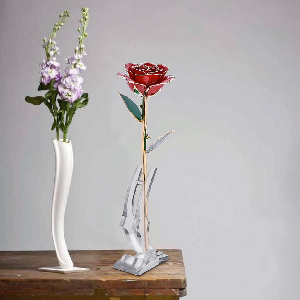 Long Stem Dipped 24k Gold Rose In Gift Box with Clear Display Stand Red Roses for Her