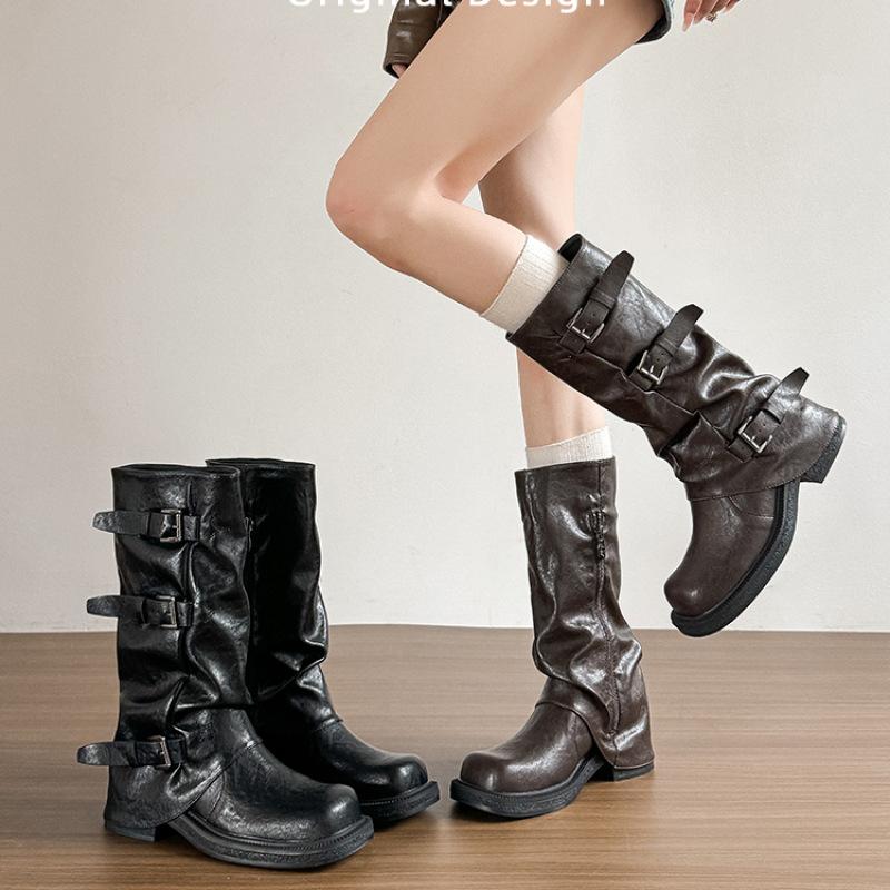 2025 New Heightening Black Tube Pants Tube Boots Female Western Cowboy Knight Boots Thick-soled Pleated Stacking Boots