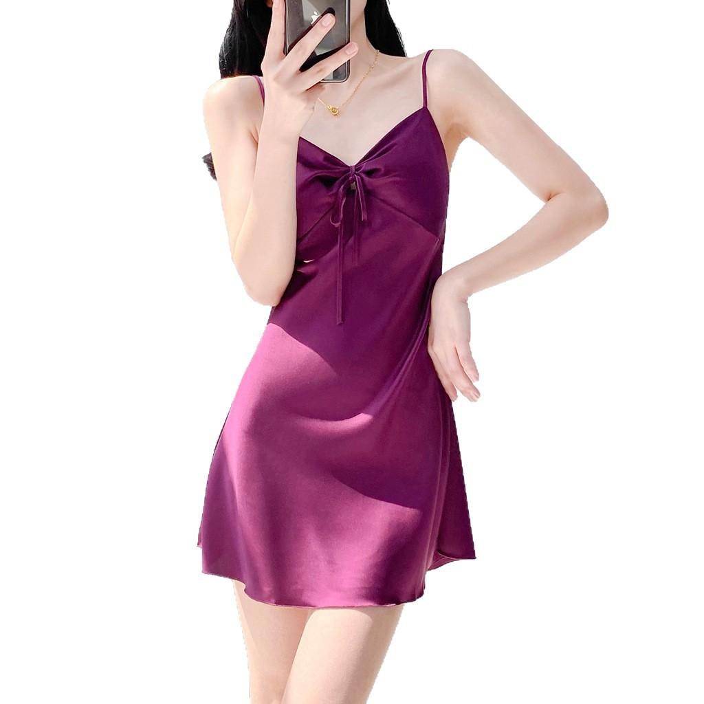 1011 New Sexy Ice Silk Pajamas Women's Pure V-Neck Thin Simple Ice and Snow Silk with Chest Pad Suspender Home Skirt