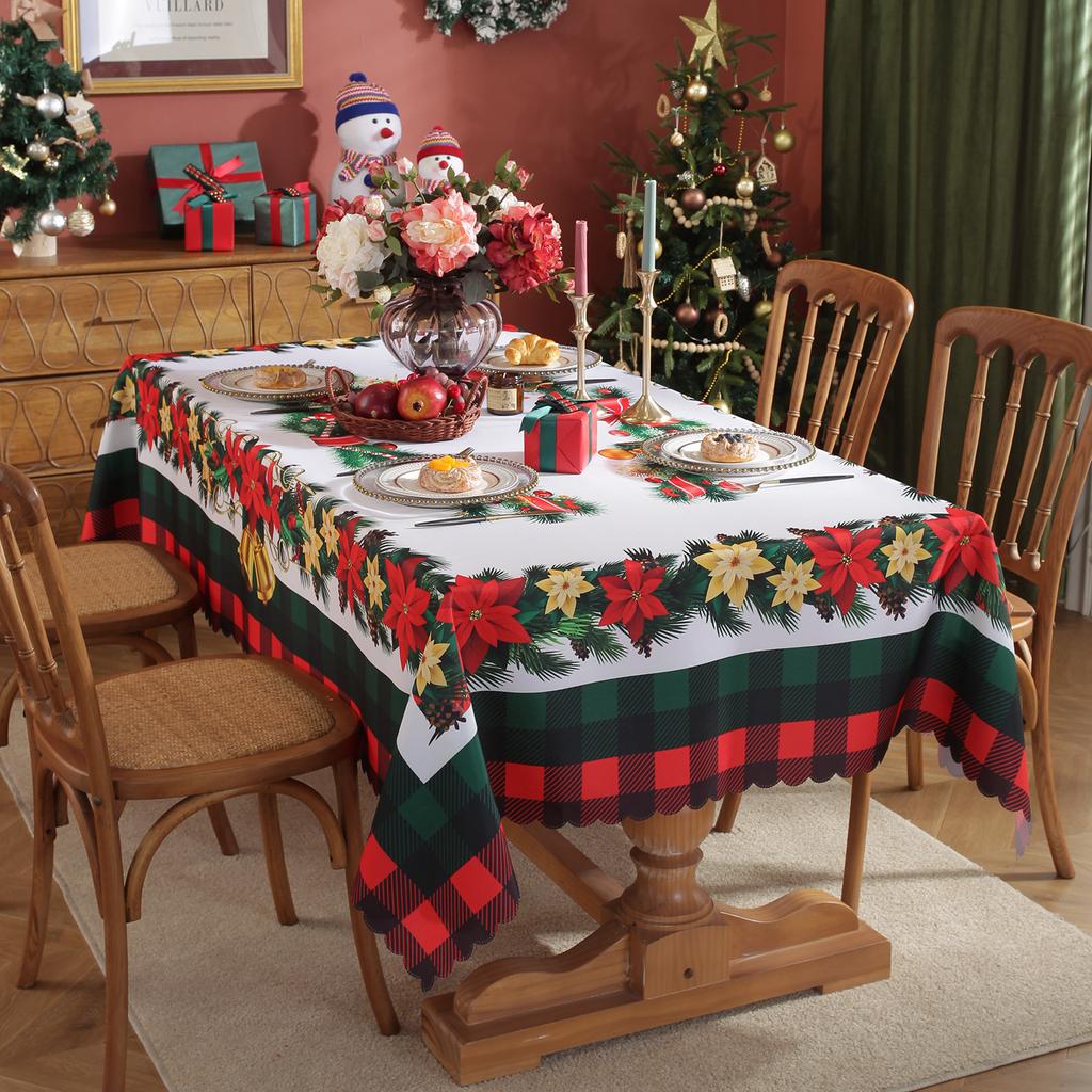 Festive Holiday Tablecloth Waterproof Polyester Embossed Rectangle Christmas Party Dining Cover with Lace