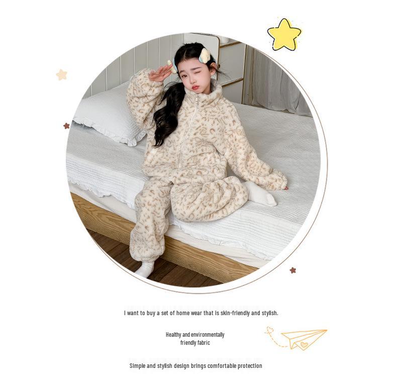 Girls' Winter Coral Fleece Pajama Set - Flannel, Velvet, Warm Homewear, Korean Style for Kids
