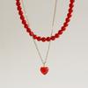 Modernlike 14k GF Silver Coral Red Quartz Crystal Heart Necklace 2P Set