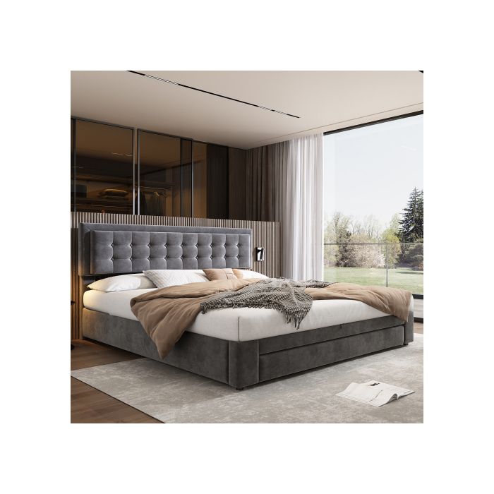 Lit avec coffre et tiroirs - MUVOE - 180 x 200 cm - Tissu velours - Réglable - Gris