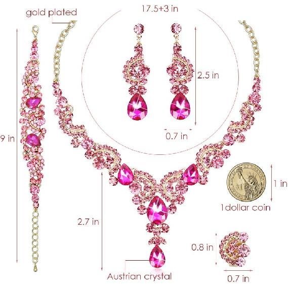 CSY Elegant Costume Jewelry Sets for Wedding Party Prom | 4-Piece Set Bridal Necklace Earrings Bracelet Ring Set Eco-friendly Statement Accessory for