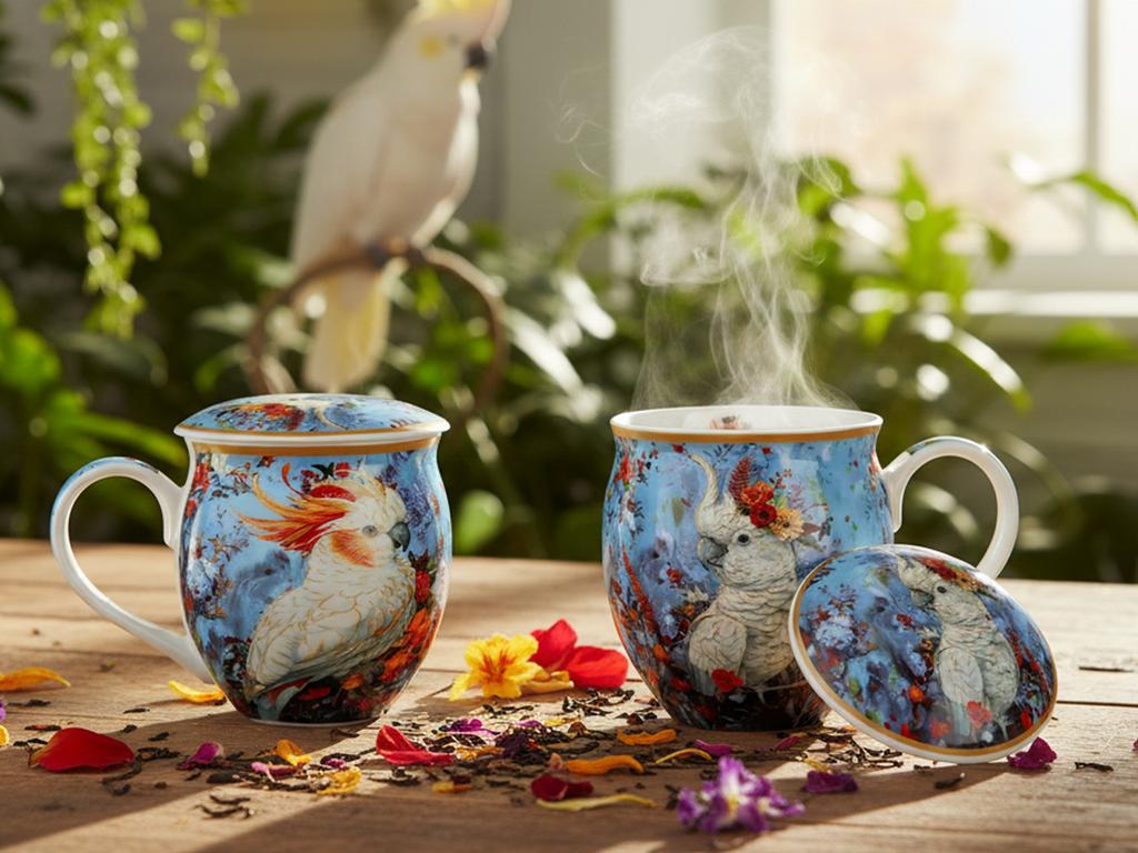 Kubek Porcelanowy Beczka Z Przykrywką Papuga Kakadu Do Kawy Herbaty