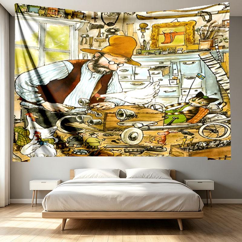 Pettersson und Findus Print Tapestry - Portable Wall Decor Cloth, for Home, Dorm, Travel, Bedroom, Living Room - Ideal Birthday Housewarming Gift