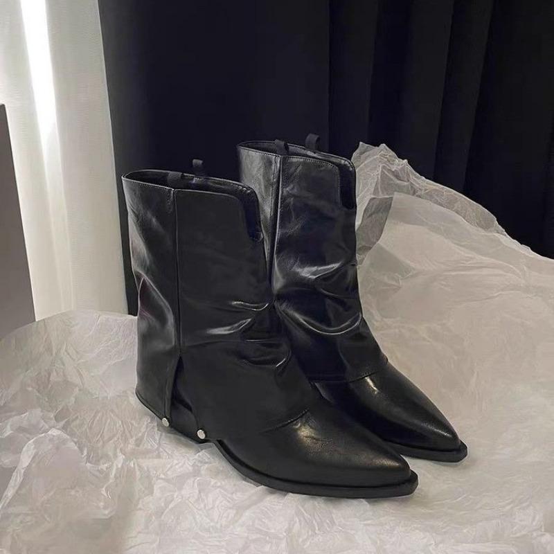 2024 Solid Color Design Pointed Toe Square Heel Winter Tall Simple Office Women's Shoes Pleated Non-slip Winter Boots Zapatos