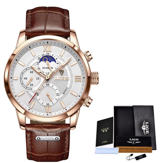2021 LIGE Watches Mens Top Brand Luxury Clock Casual Leathe 24Hour Moon Phase Мужские часы Спортивные водонепроницаемые кварцевые хронографы + коробка