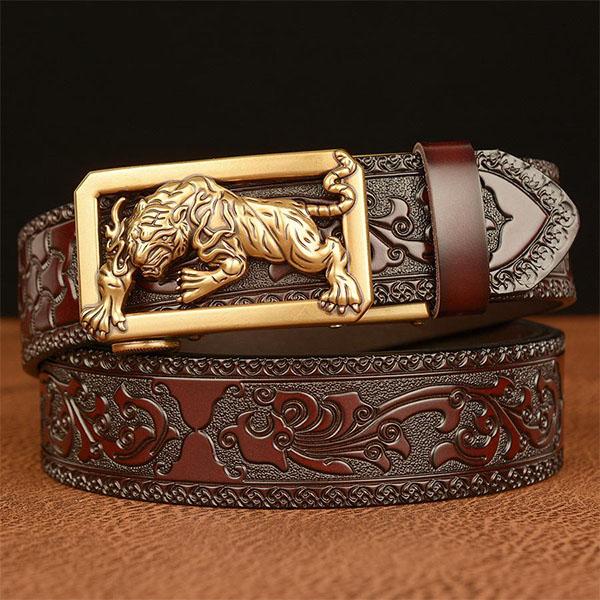 High Guality Male Belt Genuine Leather Belt for Men Carving Flower Pattern Animal Tiger Gold Automatic Buckle Belt Strap for Jeans