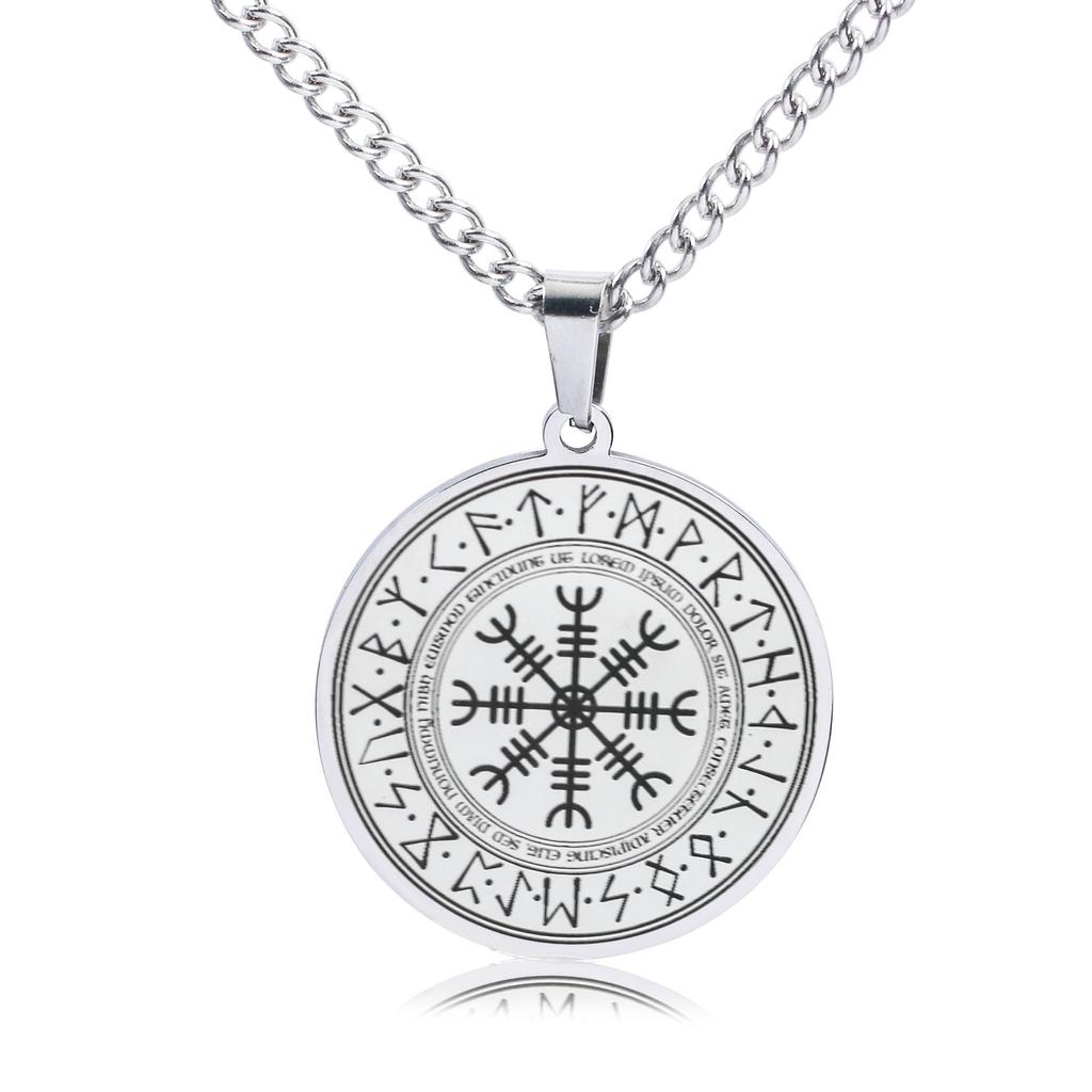 Norse Style Odin Rune Circle Pendant Necklace Stainless Steel Mens Jewelry
