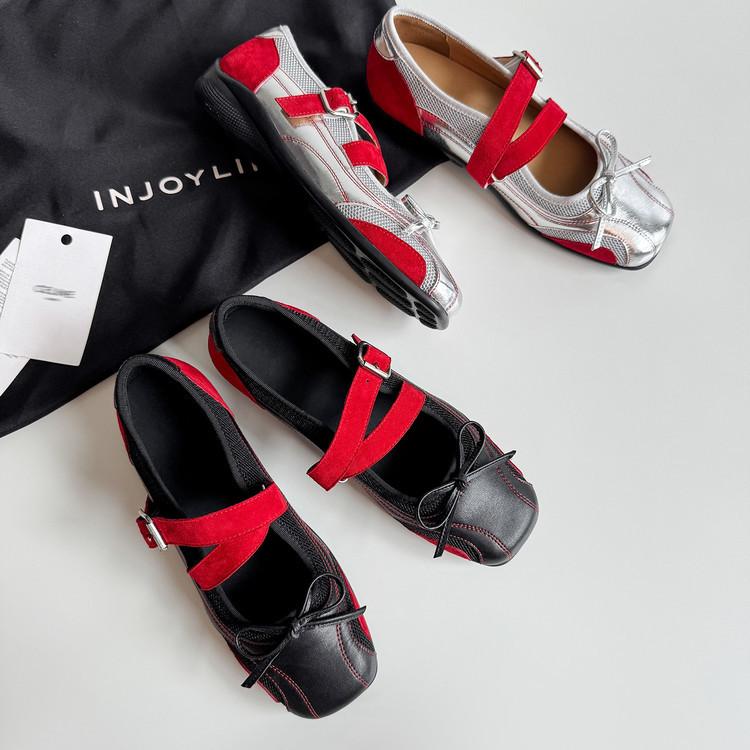 Кожаная версия~ Серебристый бант туфли-лодочки женские с мелким вырезом новая кожаная обувь на плоской подошве с мягкой подошвой французские ретро туфли Мэри Джейн