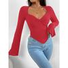 Women's T-shirt Vacation V-neck Trumpet Sleeve Waist Irregular Knitted Long-sleeved T-shirt Top