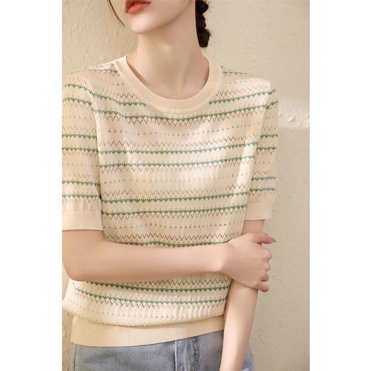 Полые полосатые Ice Silk короткие рукава трикотажная женская футболка летний новый универсальный круглый вырез горловины
