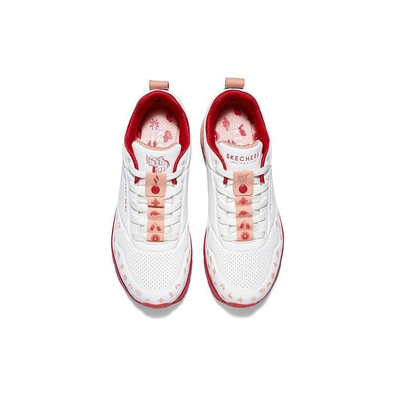 Skechers Tres-Air Uno Искусственная кожа Круглый носок На шнуровке Амортизирующие Прочные Поддержка Низкие Повседневные Кроссовки Женские Белый Красный 177920-WRD