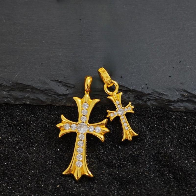 Double Cross Pendant Necklace Couples Titanium Steel Charm With Colored Cubic Zirconia Gold Rose Chain