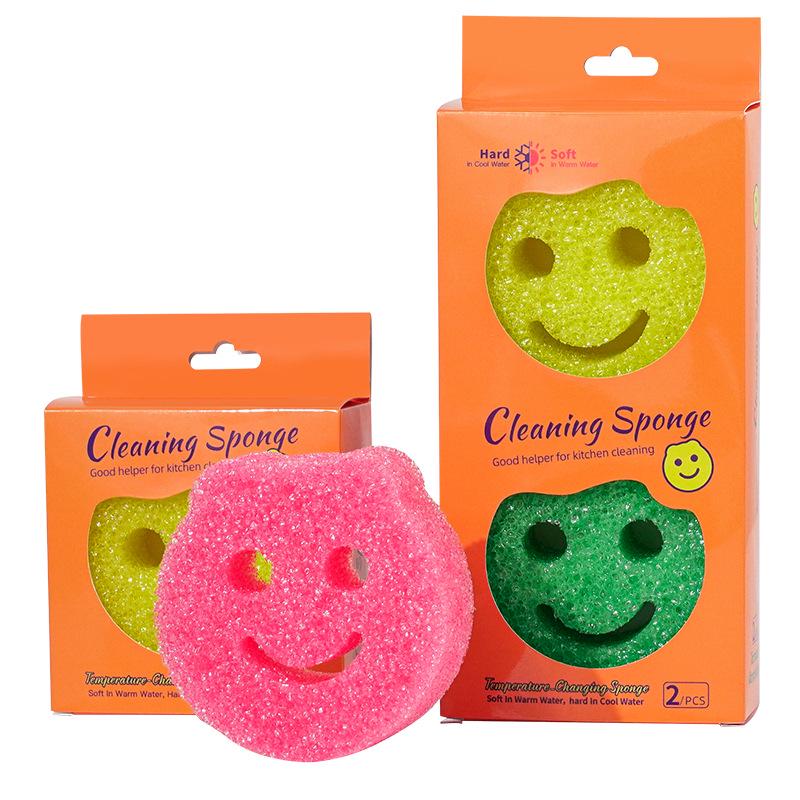 Cartoon Smiling Face Dishwashing Sponge Scrubber - Temperature-Sensitive Kitchen Cleaning Tool