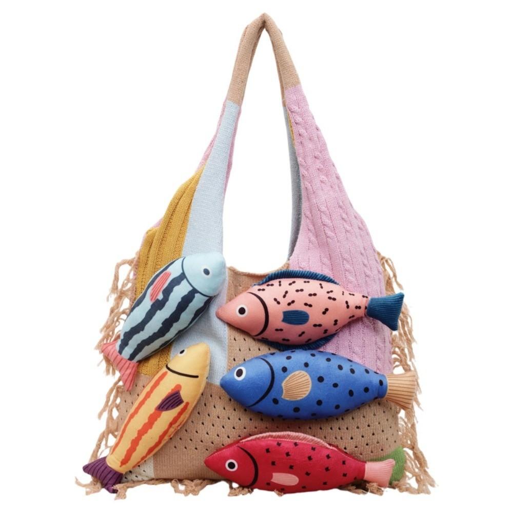 Fish Cotton Crochet Shoulder Bag Large Capacity Tassels Beach Handbag Hollow Out Woven Bag Beach