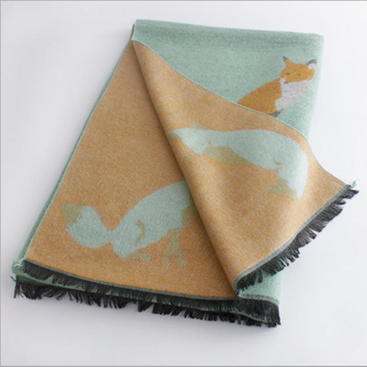 Luxury Fox Pattern Scarf Female Thick Faux Cashmere Ring Women Pashmina Tassel Double Side Fashion Winter Warm Streetwear Wrap
