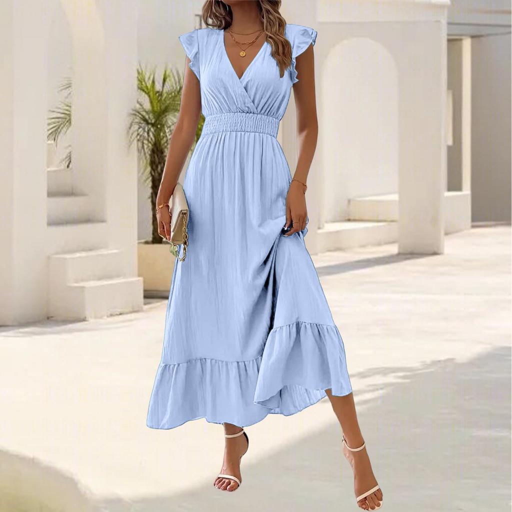 Женское повседневное модное платье А-силуэта с высокой талией, V-образным вырезом и рукавами-оборками Рукава-оборки