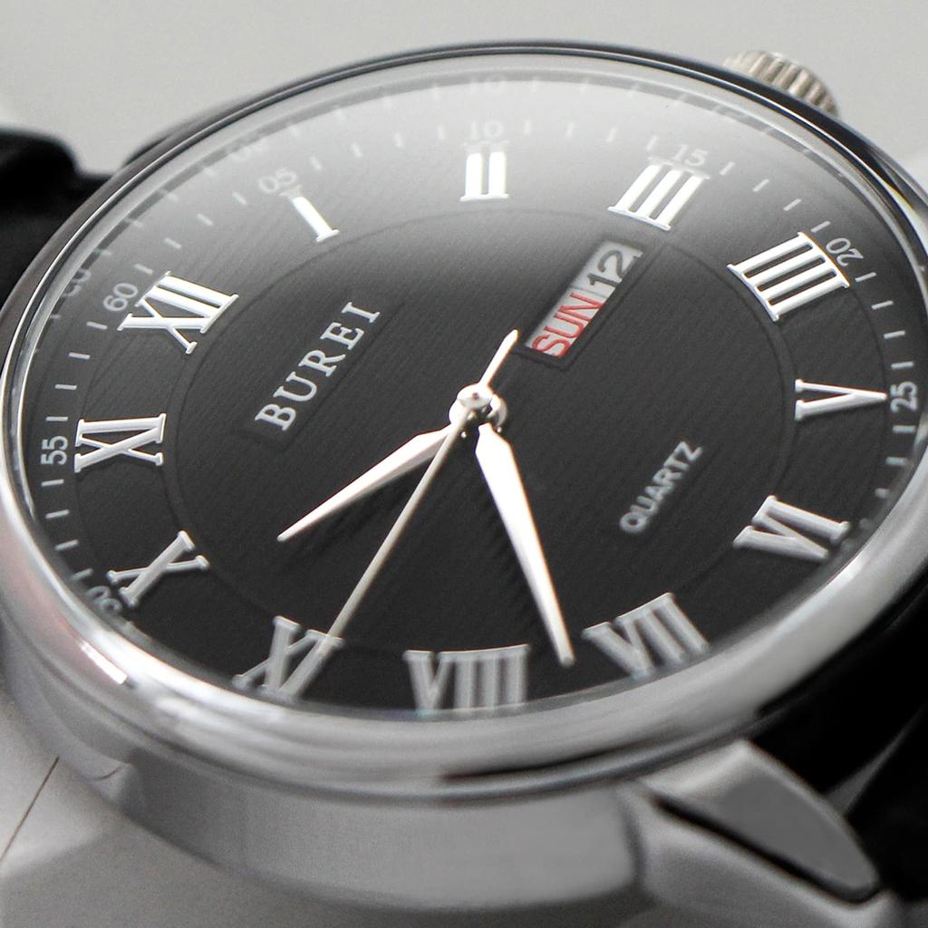 Наручные часы Популярные водонепроницаемые стильные аналоговые наручные часы кварцевые римские цифры брендовые деловые кожаные часы с ремешком [BUREI] мужские серебристо-черные
