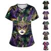 Women's Short Sleeve Stagger V Neck Carnival Print Pocket Dry-nurse Top