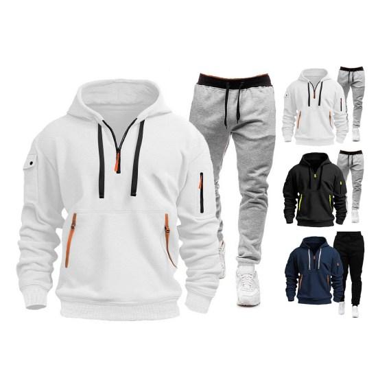 2Pcs/Set Men Sports Suit Hooded Drawstring Long Sleeve Pockets Sweatshirt Elastic Waist