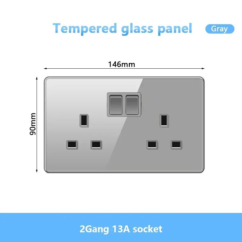 UK 13A Doublel usb электрическая розетка настенный светодиодный выключатель, серое стекло универсальный Type-c 18 Вт интеллектуальная быстрая зарядка розетка питания вилка