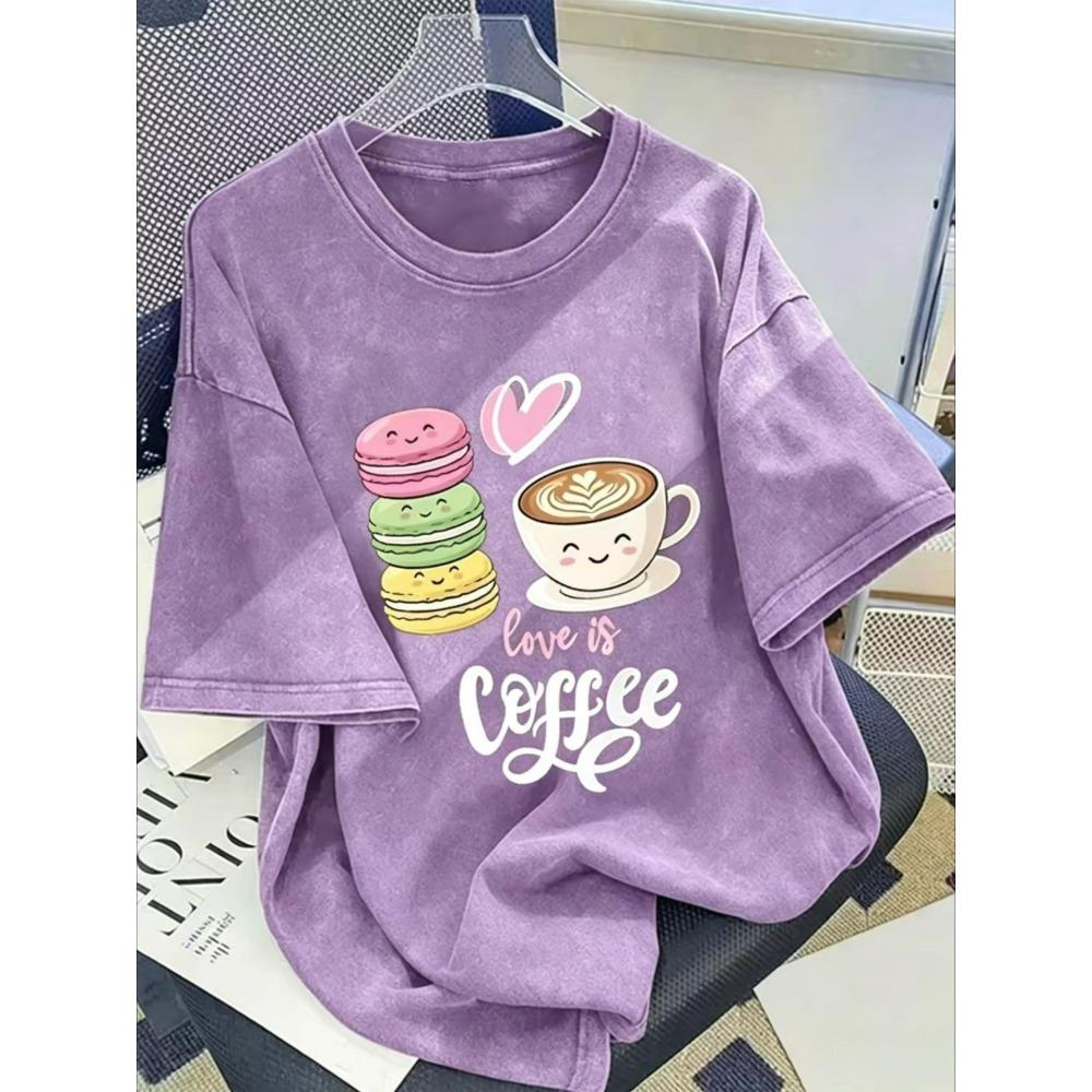 0-5XL Big And Tall Men'S Washed Oversized T-Shirt, Love Is Coffee Cute Macaron Heart Graphic Distressed Tee, Sweet