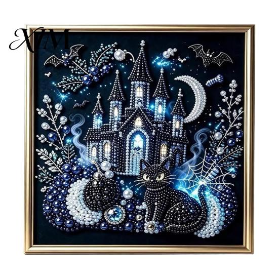 Handmade Holiday Gift Ideas Gothic Faux Pearl Art Kit, 3D Dark Evil Pumpkin Painting Halloween Kit Spooky Castle DIY Craft for Adults, Home Wall Decor