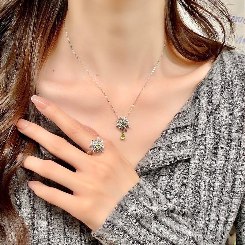 S925 Sterling Silver Rotatable Fireworks Jewelry Set Natural Crystal Necklace Ring Two Piece Light Luxury Jewelry Gift for Women Birthday