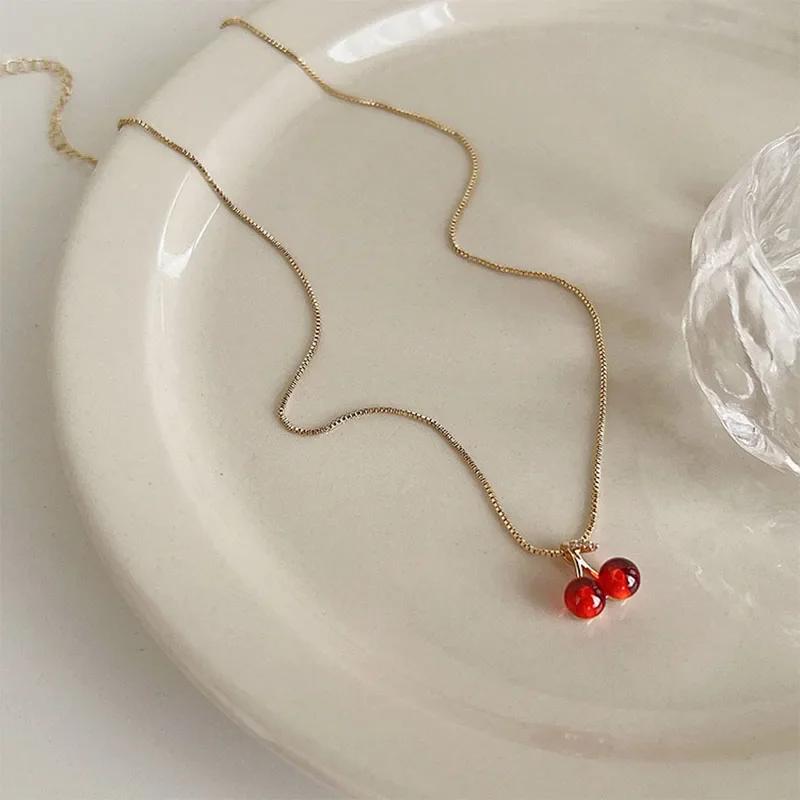 Red Cherry Pendant Necklace Earrings 2pcs Set Women's Fashion Fruit Necklace Earrings Jewery Set For Party Wedding Girls Gifts