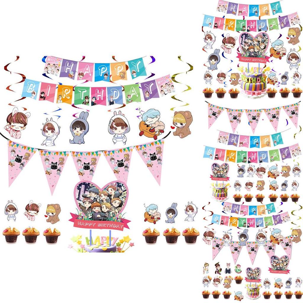 Праздничные принадлежности для дня рождения в тематике BTS с красочным топпером для торта и веселыми топперами для кексов