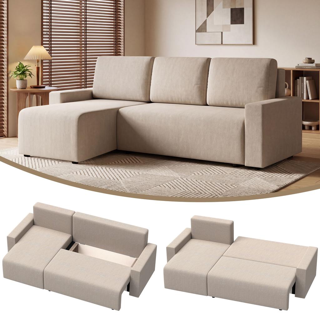 Corner Sofa with Sleep Function and Reversible Chaise Longue, L-Shaped 3-Seater Sofa with Velour Cover, Beige