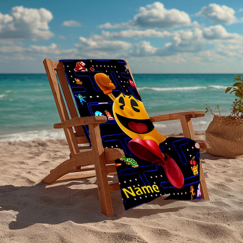 Custom Name Ultra-Soft Beach Towel with Pac-Man Theme,Ideal for Pool - Camping, Diving - Perfect Travel Essential, Vibrant Beach Towel.