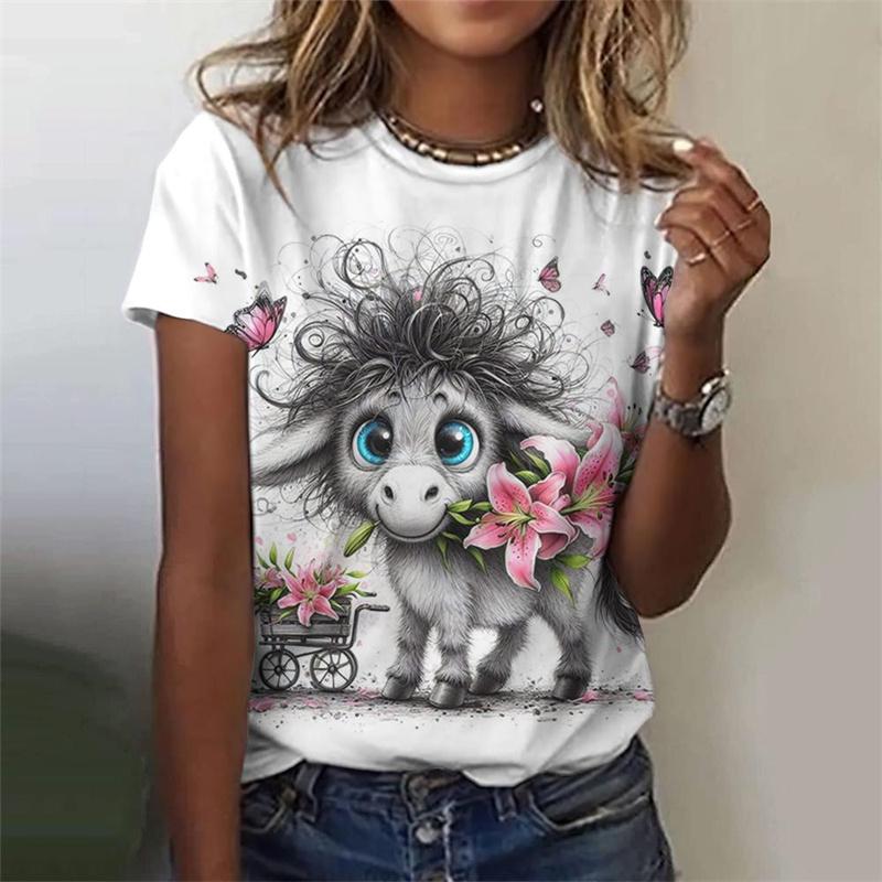 Летний круглый вырез с принтом в виде милых животных 3D, модные повседневные женские футболки с короткими рукавами