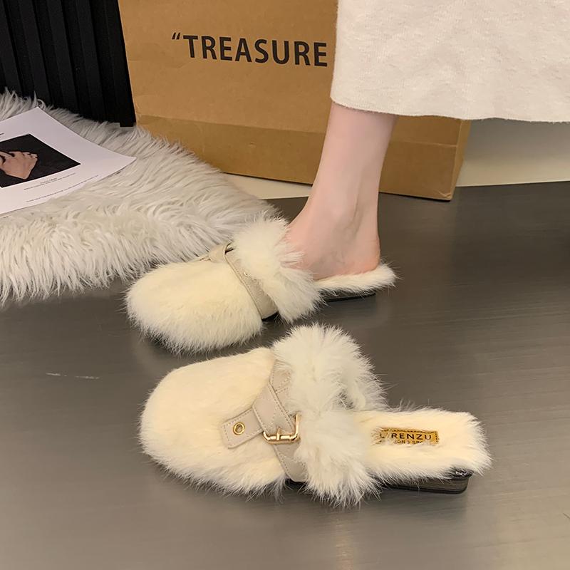 Зимние Новые Тапочки Баотоу Женские Круглый Носок Плюшевые Глубокий Вырез Заклепки Мягкая Подошва Противоскользящие Износостойкие Плоские Туфли