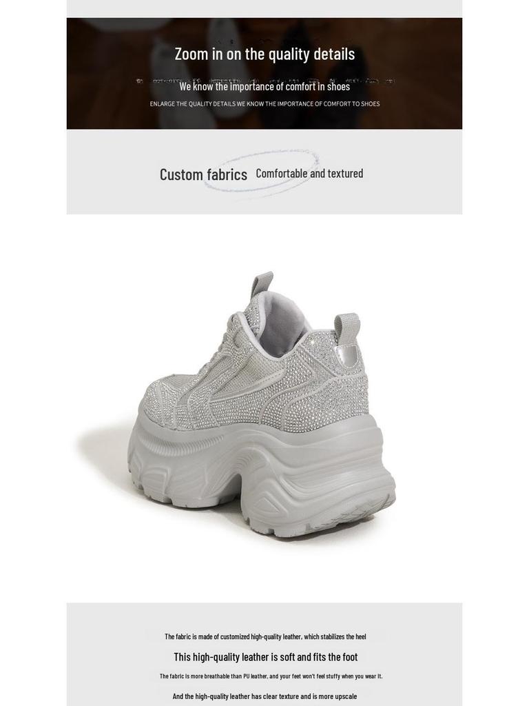 Женские легкие модные кроссовки на платформе со стразами и сеткой 2025 года — универсальный дизайн с толстой подошвой, визуально увеличивающий рост
