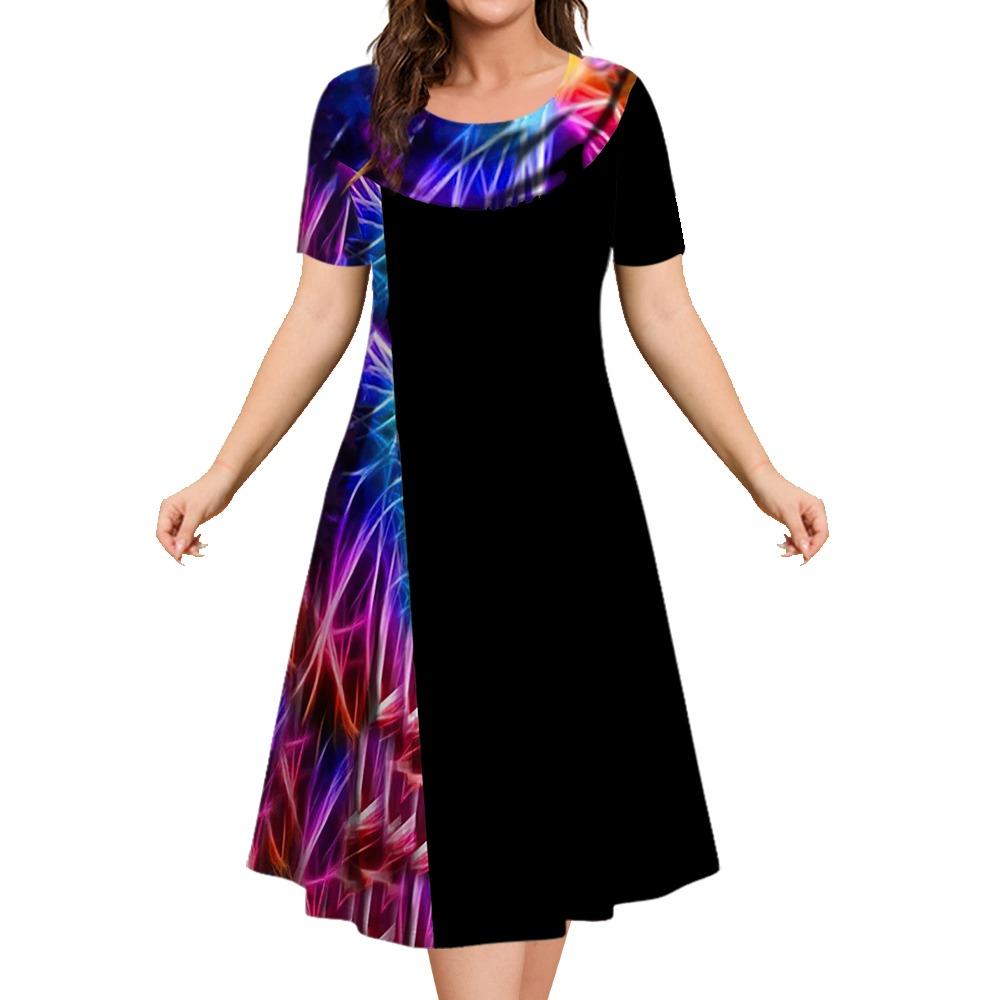 2025 Летние платья для женщин Лоскутный принт Короткий рукав Женская одежда Свободная юбка А-силуэта Элегантные и красивые женские платья