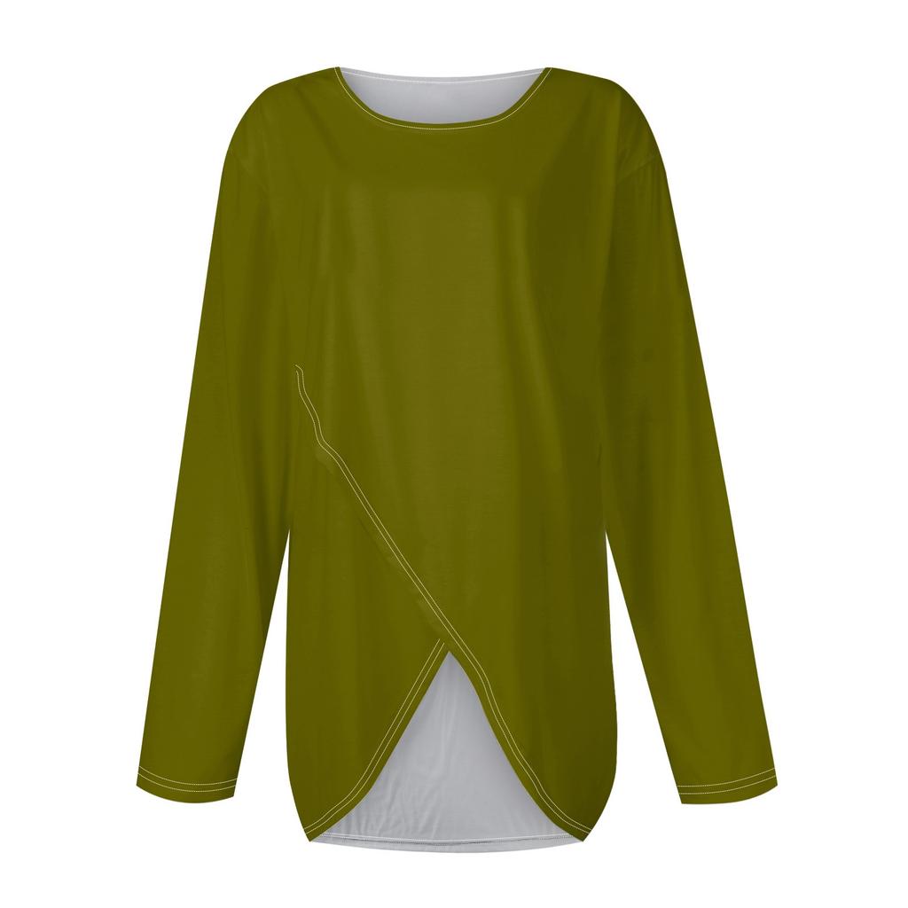 Женская модная повседневная однотонная футболка с длинным рукавом и круглым вырезом с перекрестным подолом, топ