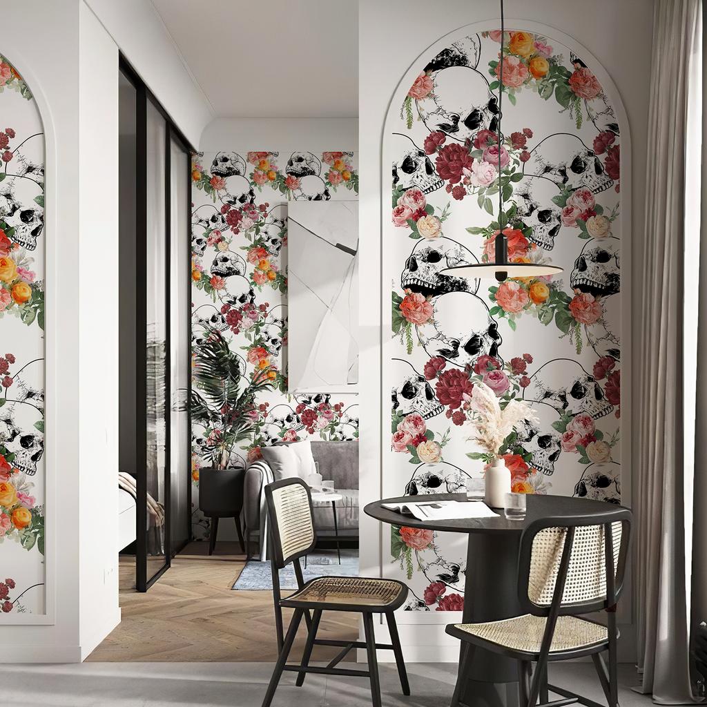 Белые Черепа Розы Виниловые Обои Шикарный Хэллоуин Самоклеящиеся Цветы Настенный Декор Фестиваль Самоклеящаяся Наклейка для Шкафа