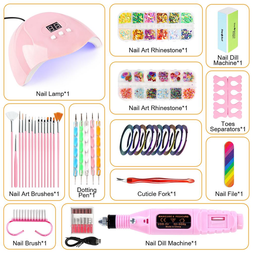 Nail Art Tool Kit Complete Set with Nail Lamp Glitter Diamond Decorations Nail Brush Buffer Drill File Manicure Tool for Beginners