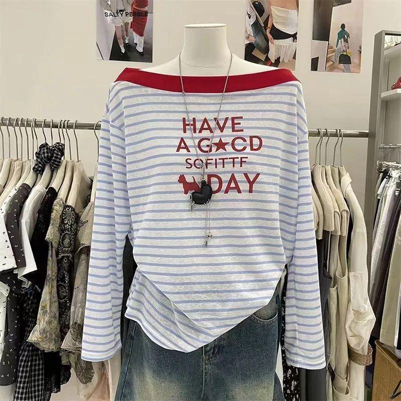 Womens Vintage Striped One-Shoulder Long Sleeve T-Shirt 2026 Casual Loose Fit Printed Top