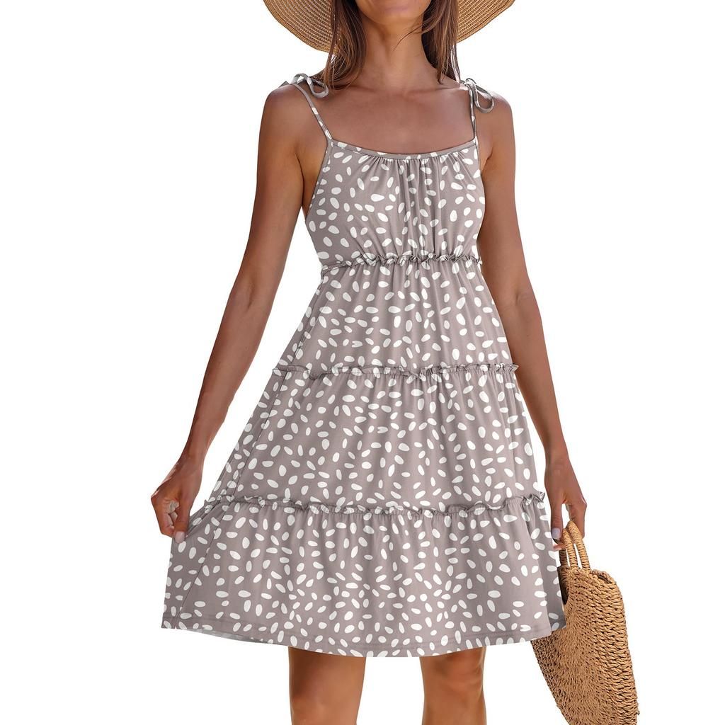 Женское летнее повседневное платье без рукавов на тонких бретельках в стиле бохо с многоярусными оборками, струящееся короткое пляжное платье-сарафан