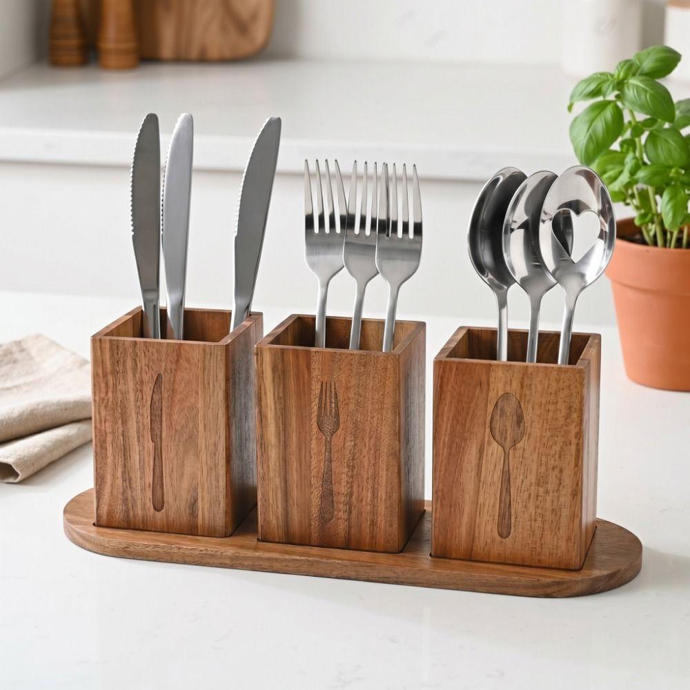 Space Saving 3 Compartment Cutlery Holder Wooden Flatware Organizer Farmhouse