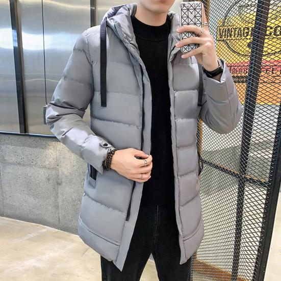 Men Cotton Coat Hooded Long Sleeve Full Zipper Closure Solid Color Jacket with Pockets Mid-length Thickened Quilted Outwear