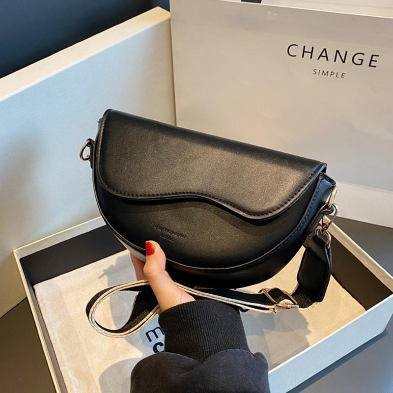 Women Vintage Solid Color Flap Small Saddle Shoulder Underarm Bag Fashion PU Leather Wide Strap Crossbody Bag