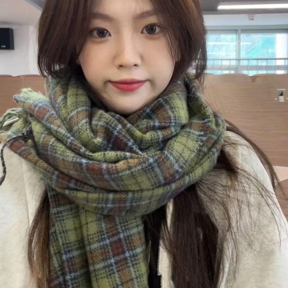 Thickened Knitted Plaid Scarf Korean Style Winter Cashmere Shawl Y2K Checkered Scarf  Unisex