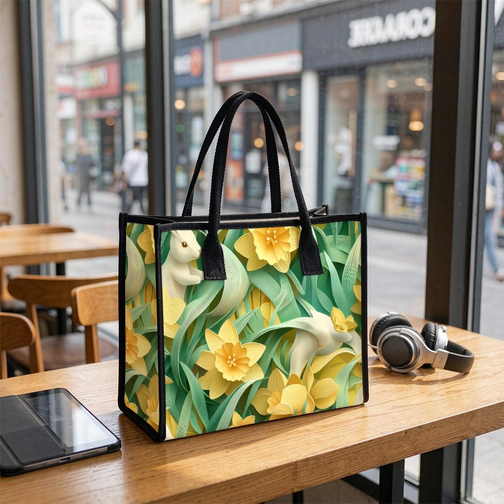 Spring Rabbit Floral Canvas Tote Bag Casual Large Capacity Shoulder Handbag for Daily Use