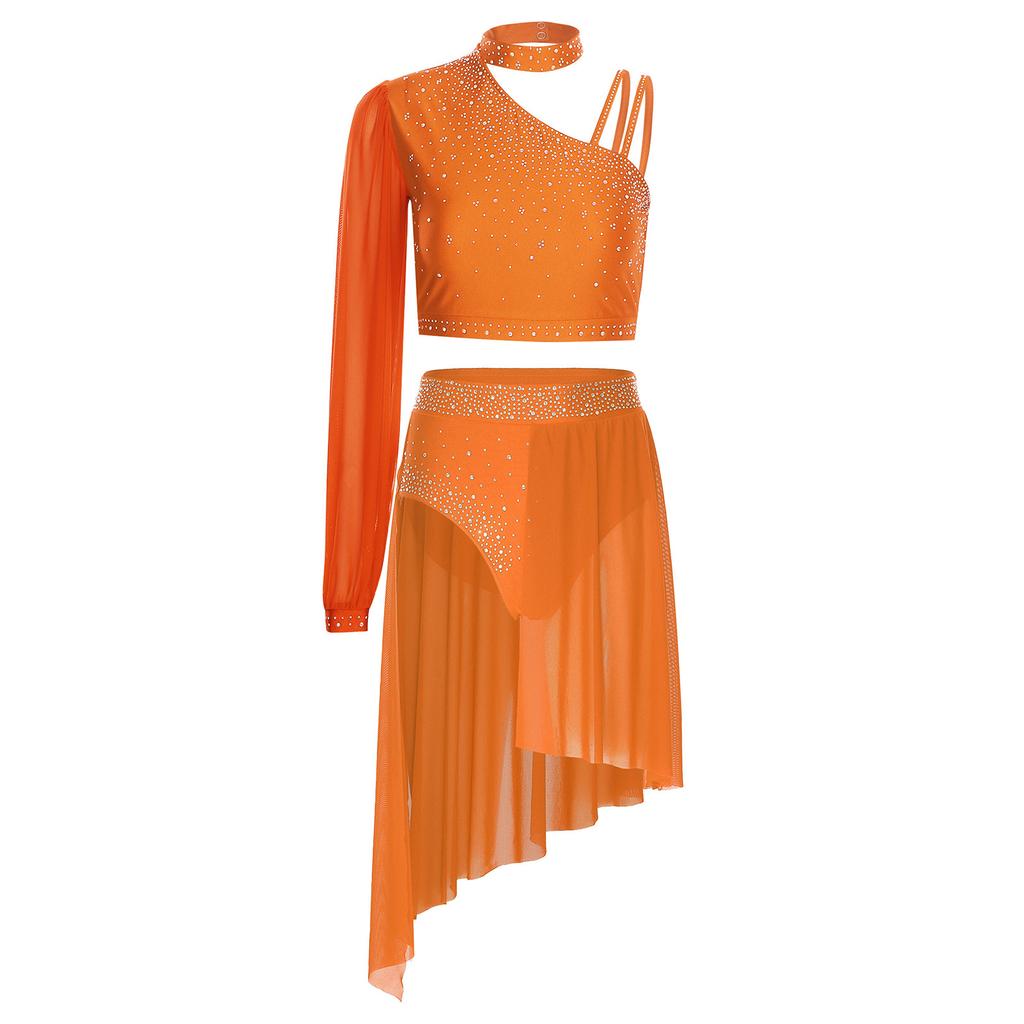 Женский костюм для лирического танца Блестящий асимметричный кроп-топ со стразами, шорты с высокой талией, костюм с шифоновой юбкой